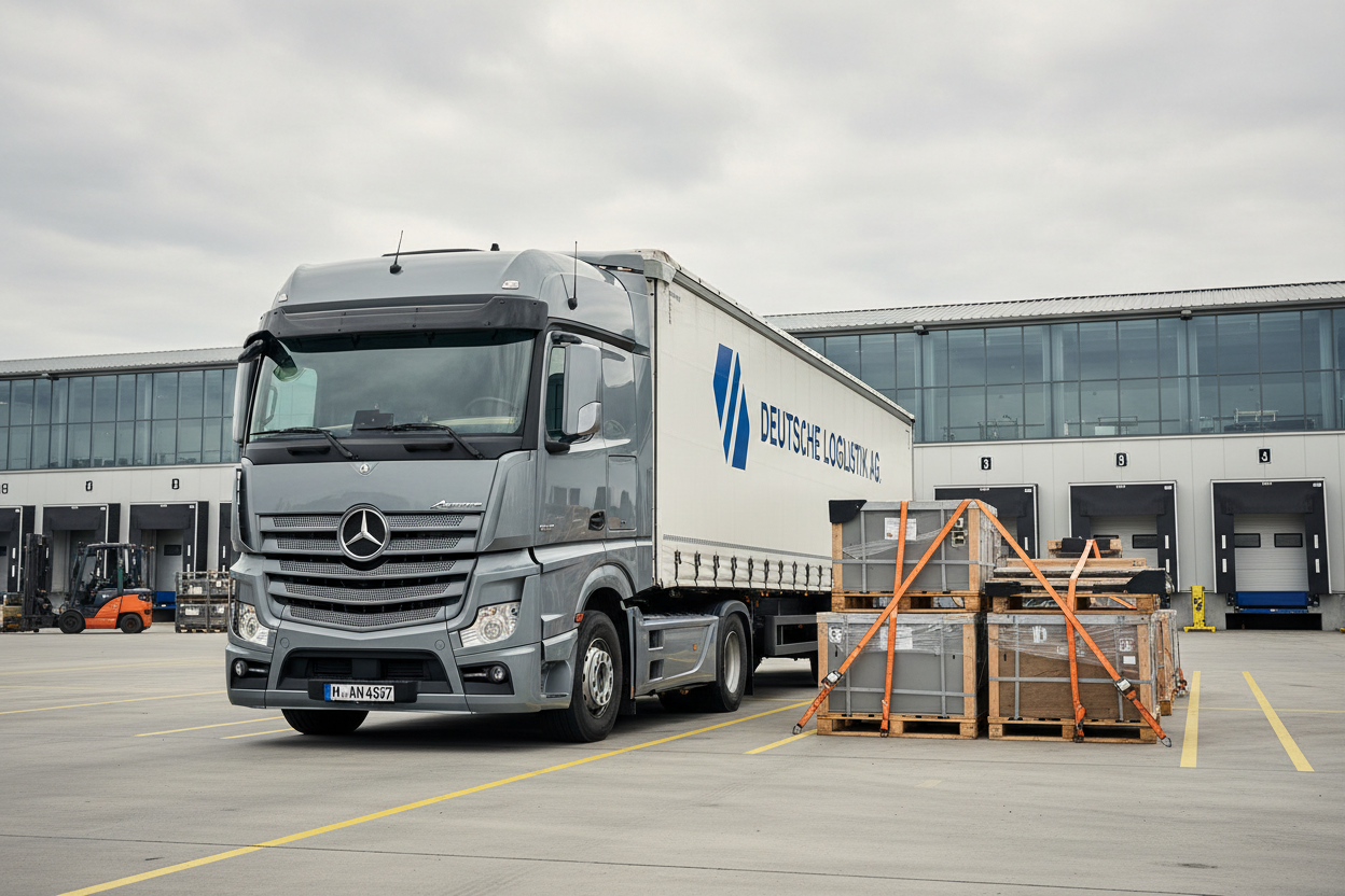 1️⃣ LKW – ordnungsgemäße Ladungssicherung

Realistic professional photo of a German semi-truck parked at a logistics center in Germany, cargo properly secured with tension belts and edge protectors, EU license plate, overcast daylight, clean industrial environment, high detail, sharp focus, corporate training style