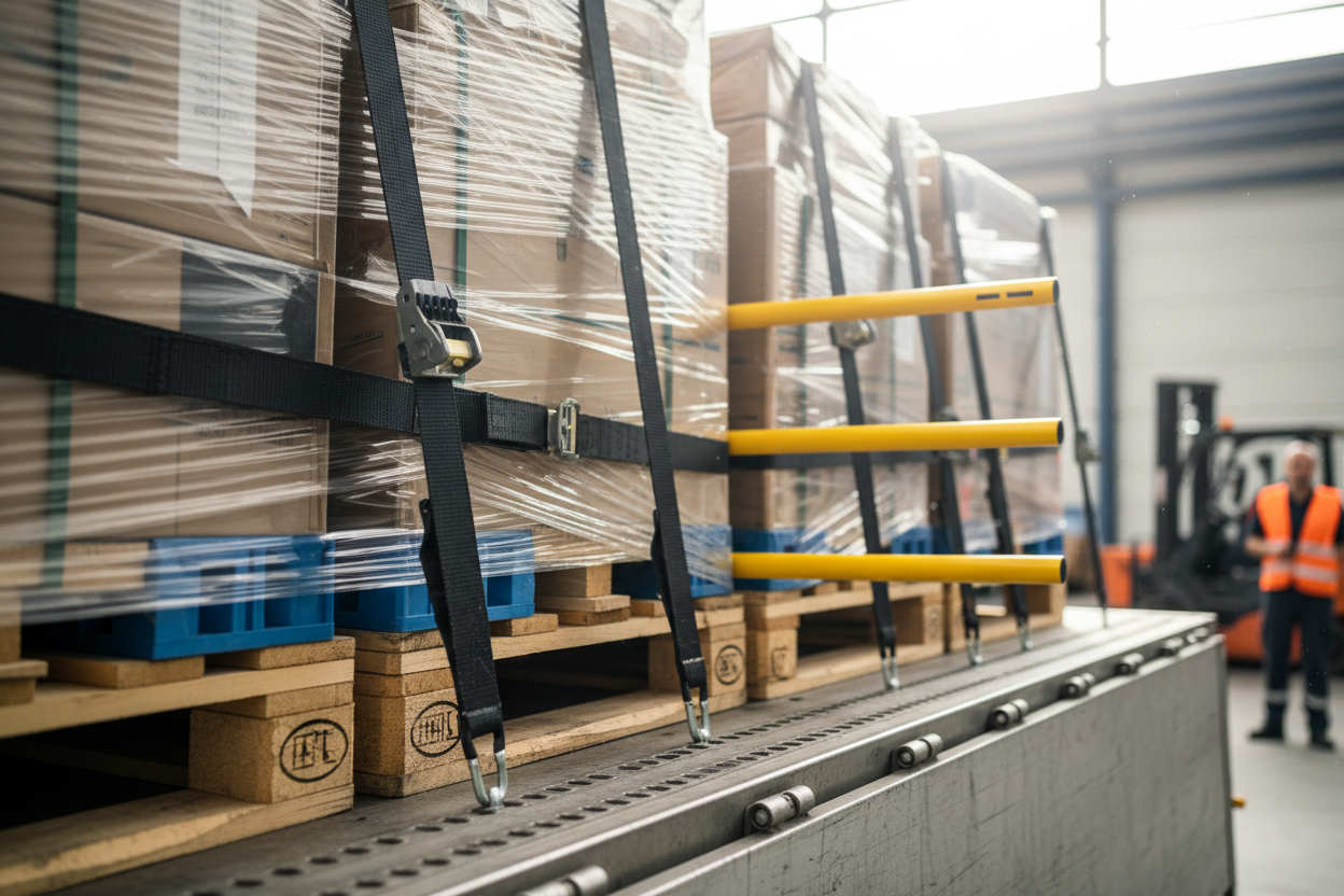 Close-up of properly secured cargo on a truck loading area, pallets secured with tension belts, edge protectors and load securing bars, clear focus on correct load securing methods, realistic lighting, high detail, professional transport safety context