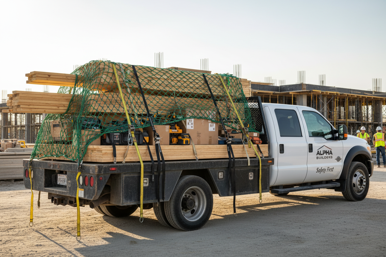 Erstelle ein Bild passend zu: Handwerk& Gewerbe: Du transportierst Material oder Waren mit deinem Fahrzeug. Korrekte Ladungssicherung schützt dich vor Haftungsrisiken und Bußgeldern.