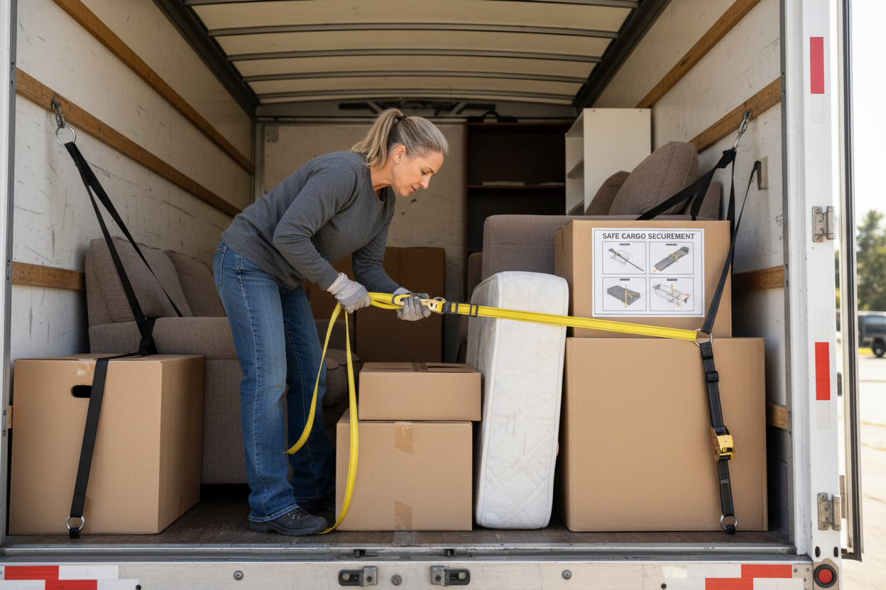 Erstelle ein Bild passend zu: Privatpersonen und Umzüge: Du transportierst privat Gegenstände oder möchtest dein Wissen auffrischen. Sicheres Laden schützt dich und andere Verkehrsteilnehmer.