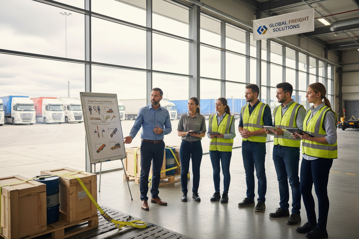 Erstelle ein Bild passend zu: Unternehmer und Betriebsleiter: Du trägst Verantwortung für deine Mitarbeiter und Fahrzeugflotte. Regelmäßige Schulungen zur Ladungssicherung sind Teil deiner Fürsorgepflicht.