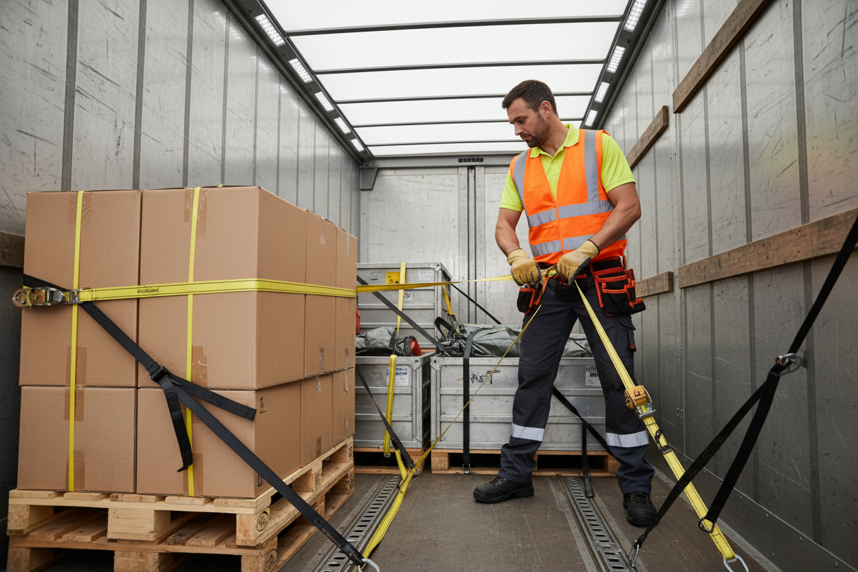 Erstelle mir ein Bild passend zu: Berufskraftfahrer: Du fährst beruflich und transportierst verschiedenste Ladungen. Eine fundierte Schulung in Ladungssicherung ist essentiell für deine Sicherheit und die deiner Mitfahrer.