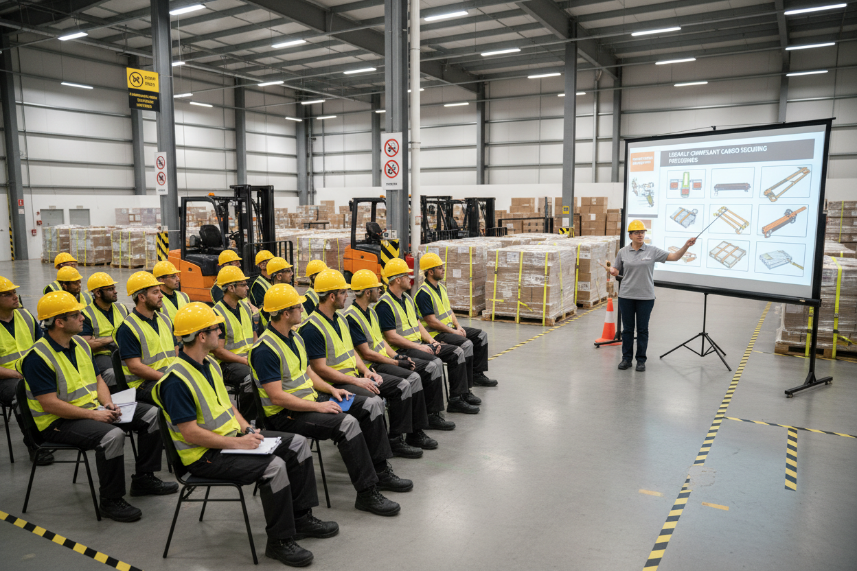 Erstelle mir ein Bild passend zu: Logistik und Spedition: Du arbeitest in Logistik oder Spedition und möchtest deine Mitarbeiter schulen. Rechtssichere Unterweisungen sind gesetzlich gefordert und reduzieren Unfallrisiken.
