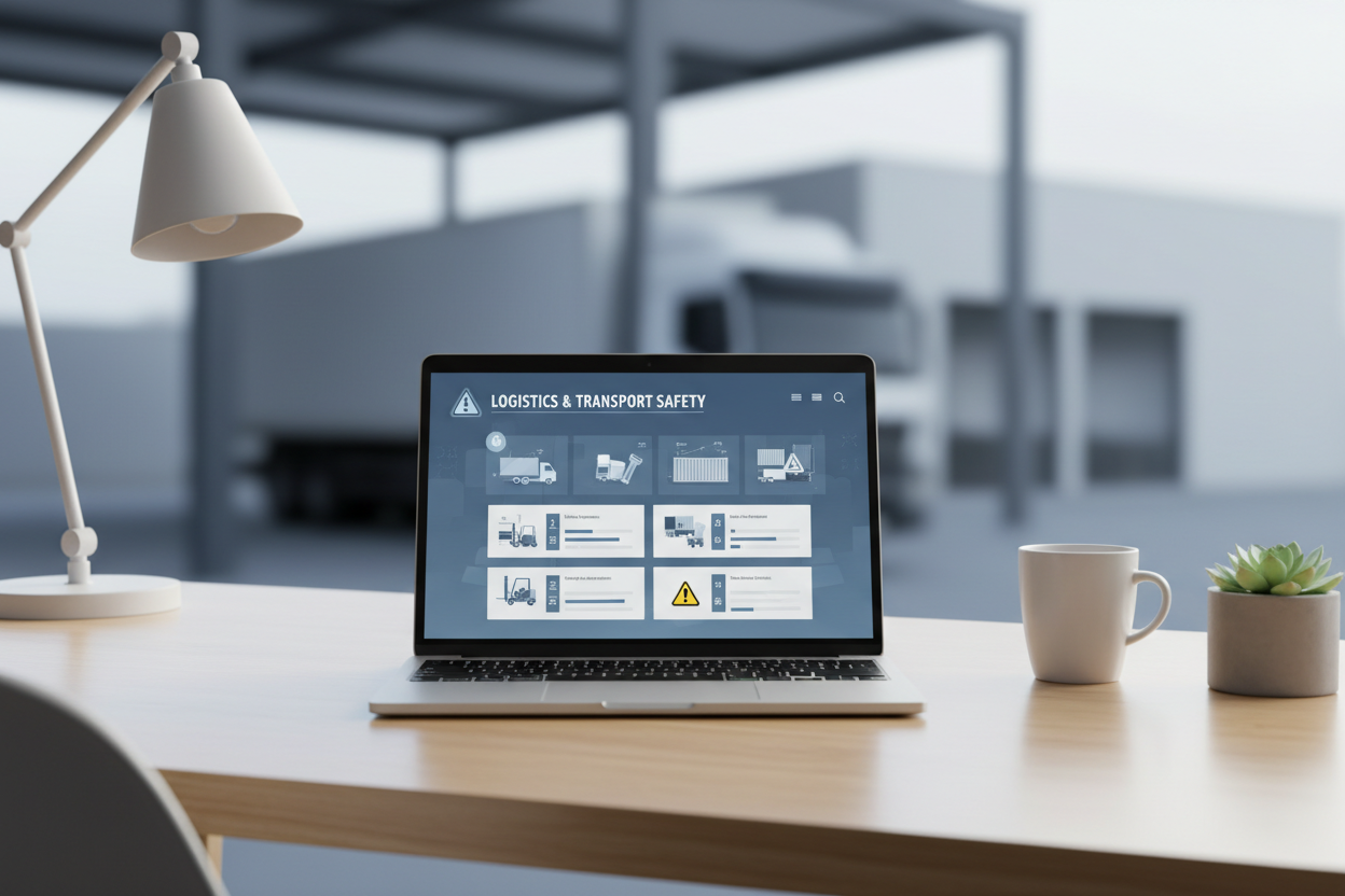 Laptop on desk showing an online training platform, logistics and transport safety theme, background with delivery vehicle silhouette or warehouse, modern and minimalistic style, professional e-learning atmosphere, realistic, no text, no branding