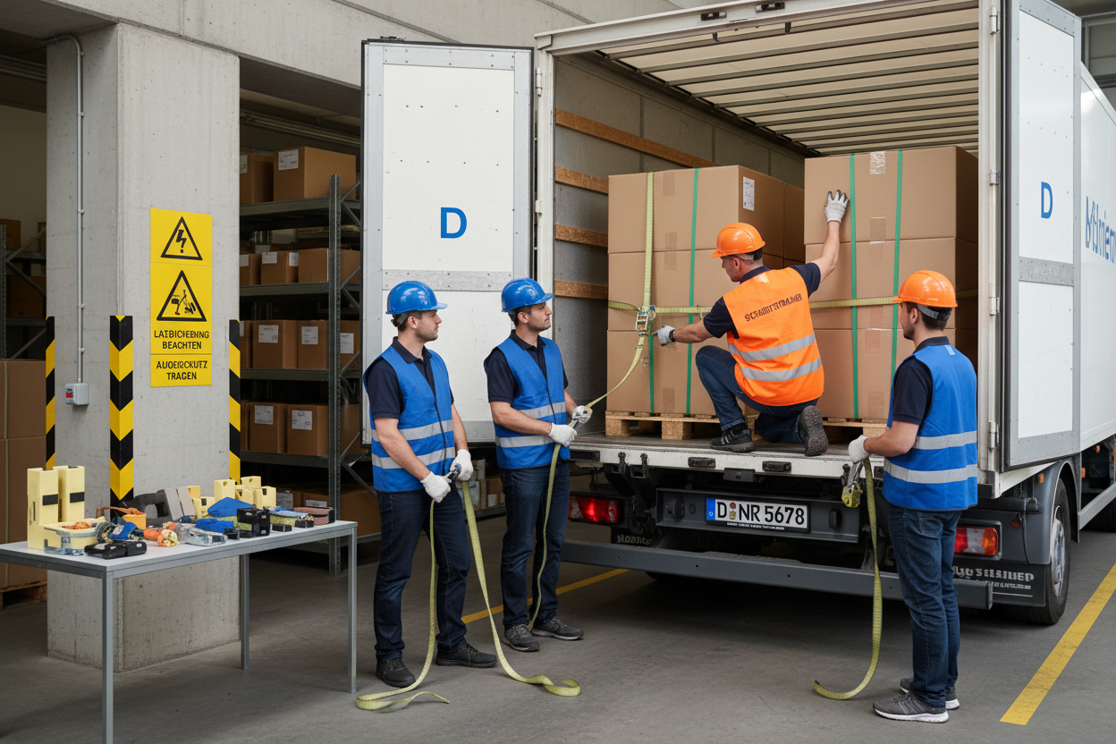 Mach ein Bild zur Ladungssicherungsunterweisung aber mit deutschem Kennzeichen und so weiter. Das soll für Deutschland sein