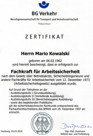 Originalnachweis: Fachkraft für Arbeitssicherheit