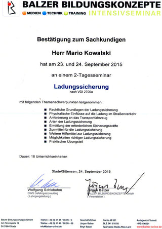 Originalnachweis: Sachkundiger Ladungssicherung