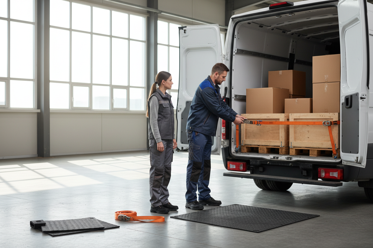 Realistic professional training scene, truck driver and logistics employee securing cargo in a delivery van, using ratchet straps and anti-slip mats, modern industrial setting, daylight, clean and structured composition, educational and safety-focused mood, no text, no logos