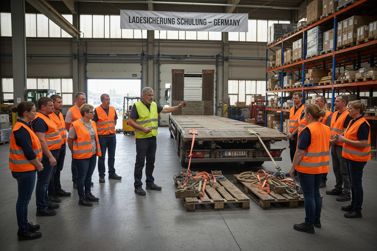 Schulungssituation

Realistic photo of a load securing training session in Germany, instructor explaining proper cargo securing on a flatbed trailer, participants wearing high-visibility vests and safety shoes, industrial warehouse setting, natural light